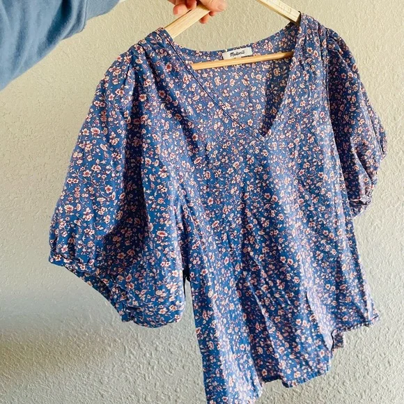Madewell Blue Floral Puff Sleeve Top - Picture 3 of 11